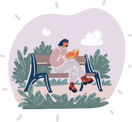 Vector illustration of Side view of woman sitting on bench and reading book in park