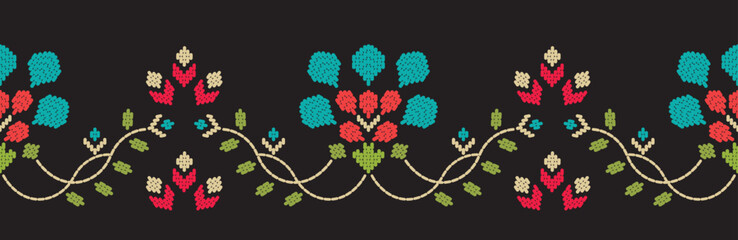 Motif ethnic handmade border beautiful embroidery art. Ethnic leaf floral pattern. folk embroidery, Mexican, Peruvian, Indian, Asia, Moroccan, Turkey, and Uzbek styles.  beautiful flower decoration.