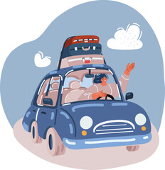 Vector illustration of Happy woman on vacation summer road trip by car on holidays to destination, Traveler transportation vehicle people lifestyle.