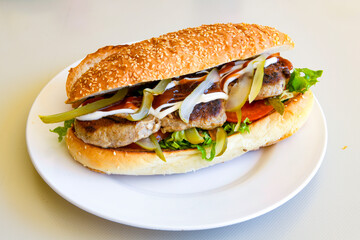 Meatball between bread (Turkish name : ekmek arasi kofte ) Izgara kofte. Manisa, Akcaabat, Akhisar  kofte