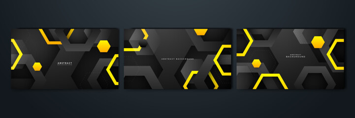 Black and yellow overlap background. Texture with dark metal pattern. Modern overlap dimension vector design. Futuristic perforated technology abstract background with yellow glowing lines