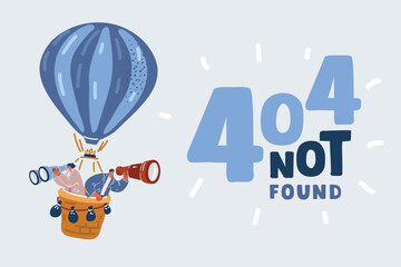 Vector illustration of 404 error, page not found, landing page template. People are flying on hot air balloon. Male character looking through large spyglass. Disconnection, error page.