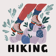 Vector illustration of Hiker trekking or walking on a mountain trail with leather shoes