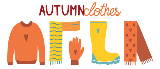 Hand drawn illustration of fashion scarf, sweater, grove, boot and umbrella. Isolated element on white background. Autumn clothes.