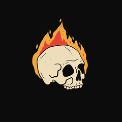 Hand drawn Skull on fire. Burning skull. Trendy isolated colorful Vector illustration. Cartoon, vintage style. Poster, tattoo idea, t-shirt print, sticker, logo design template