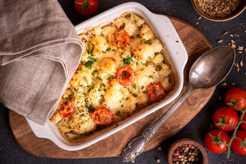 Baked cauliflower cooked with tomatoes and creamy cheese, healthy vegetable meal