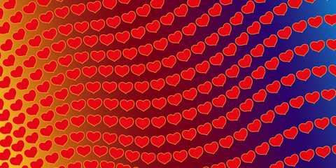 Red hearts on a multicolored gradient background. For packaging design, stores, background for website banners. Vector illustration.
