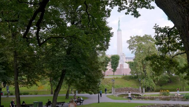 The Freedom Monument in Riga, Latvia. The memorial honours the soldiers killed during the Latvian War of Independence in 1918-1920. Summer day by the monument. 