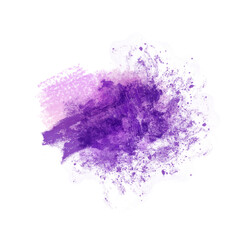 Abstract hand-drawn blurred textured purple and violet watercolor stain composition isolated on white background. Freehand paintbrush stroke graphic design element. Messy explosive acrylic paint spot.