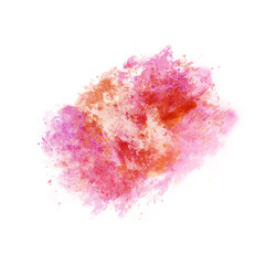 Abstract hand-drawn blurred textured orange, pink, red watercolor stain composition isolated on white background. Freehand paintbrush stroke graphic design element. Messy explosive acrylic paint spot.
