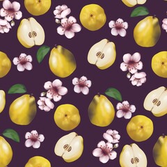 Surface pattern design cut quince on a marsala background. Quince texture seamless pattern print background.