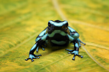 Dendrobates auratus green dart frog closeup, dendrobates auratus green closeup on leaves