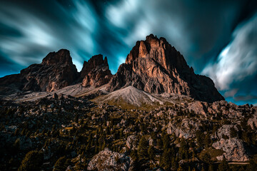 Starry night sky at Sassolungo in the Dolomites