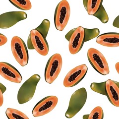 Seamless pattern with exotic fruits, papaya cut into slices. Texture design on white background