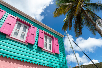 Bright colorful traditional Caribbean vernacular architecture of Tortola, British Virgin Islands  - 521853771
