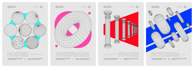 Strange wireframes of geometrical shapes and colored geometric figures, contemporary composition artwork, abstract vector set posters, modern design inspired by brutalism, banners