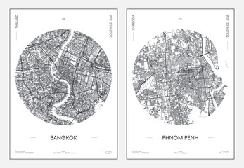 Obraz premium Travel poster, urban street plan city map Bangkok and Phnom Penh, vector illustration