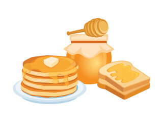 Honey breakfast with pancakes and toast icon vector. Jar of honey and honey dipper icon set isolated on a white background. Honey pancakes and toast bread still life drawing