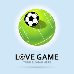 Obraz premium Football green planet in the sky background. Soccer stadium Logo. Love game. Vector illustration
