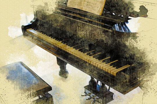 old piano with music sheets in watercolor style