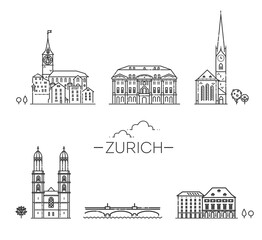 Zurich, Switzerland. Vector flat outline symbols