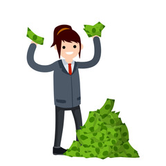 Woman and heap of money. Pile of green banknotes. Successful Businesswoman. Wealth and income. Career in the company. Girl in suit and jacket. pose of leader. Cartoon flat illustration