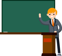 School teacher stands near blackboard. Lecturer in College in classroom. Clean chalkboard for chalk text. man in suit. Cartoon flat illustration. Podium for speech. Profession at University