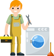 Plumber repairs washing machine. Breakdown of household appliances. Toolbox in hand. Problem with Laundry. Worker with a wrench, tool. Service and fix