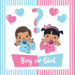 Gender reveal party. Baby shower celebration. Boy or girl? Blue or pink? Vector illustration for invitation, card, banner.