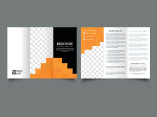 Orange template vector trifold pixels mosaic abstract. Trifold business brochure.