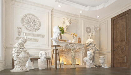 Classic living room with antique statues and busts, lit fireplace and parquet, 3d rendering, 3d illustration, exhibition, artist's studio