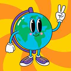 Globe cartoon character in retro style. Vector cute illustration in flat vintage comic design.