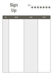 Sign Up Planner Template Sheet. Minimalist Planner Page Template. Modern planner template sheet.