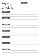 Weekly Checklist Planner Template Sheet.  Minimalist Planner Page Template. Modern planner template sheet.