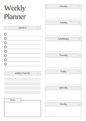 Weekly Planner Template Sheet. Minimalist Planner Page Template. Modern planner template sheet.