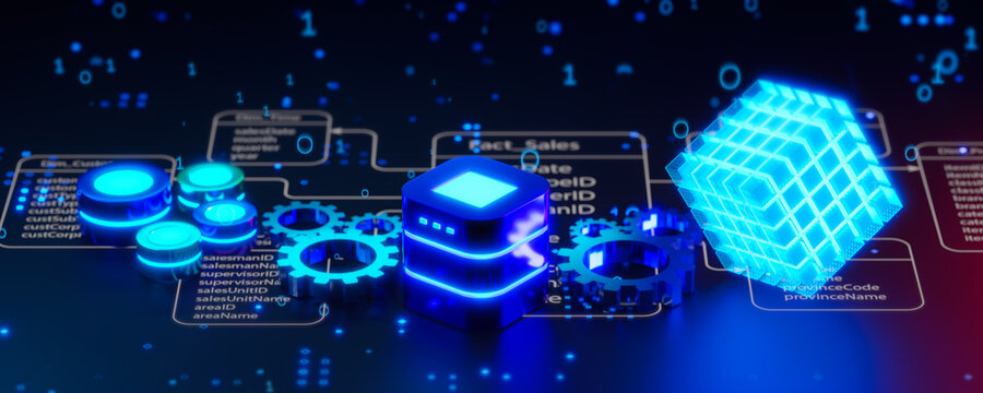 The OLAP process. Online Analytical Processing concept, Data analysis, OLAP Server, Business Intelligence BI, Key performance indicators KPI, Dashboard, SQL, MDX, 3D rendering.
