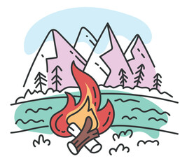 Mountain forest nature camping line art doodle concept illustration. Vector doodle line style design element