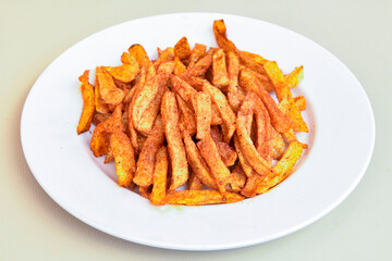 French fries Snack food crispy potato . Fast food or  snacks concept. Patates cips.