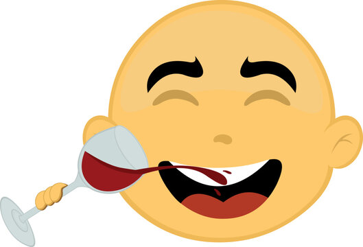 Vector illustration of the face of a yellow cartoon character drinking a glass of wine