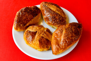 Turkish pastry product , tasty pogaca. Turkish Pastries; pogaca, borek, acma, ay coregi at patisserie showcase.