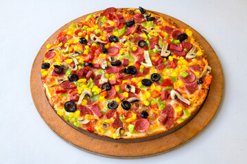 Delicious mixed pizza with rich content. Menu concept of choice and diversity. Karisik pizza