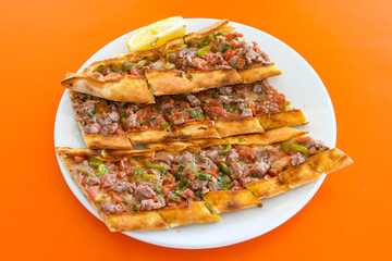 Turkish pita with minced cubed meat and cheese (Turkish name: Kiyma Kusbasi kasarli pide)