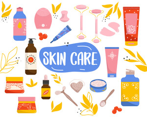 Set of beauty cosmetics for skin care flat vector illustration. Beauty routine every day collection.