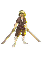 Cute samurai warrior girl drawn in cartoon style of japanese anime and manga comics standing and holding a katana behind her back illustration concept art