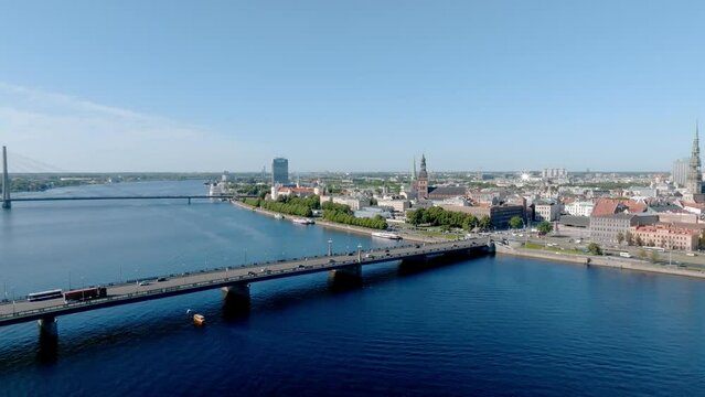 Establishing aerial Bird eye view shot of Riga, Riga skyline, Latvia. Beautiful old town of Riga from above.