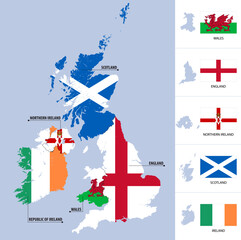 Detailed map of the United Kingdom of Great Britain, Northern Ireland and Republic of Ireland with silhouettes and flags of countries
