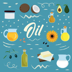 Set of vegetable oils in a flat design with doodle elements on the background. Includes olive, sunflower, coconut, avocado, linseed oil and butter.
