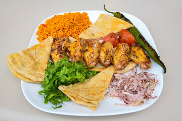 Chicken wings barbeque in a dish with BBQ sauce . Izgara tavuk sis kanat.