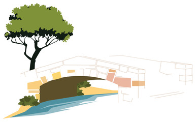 Small bridge across river. Illustration for internet and mobile website.
