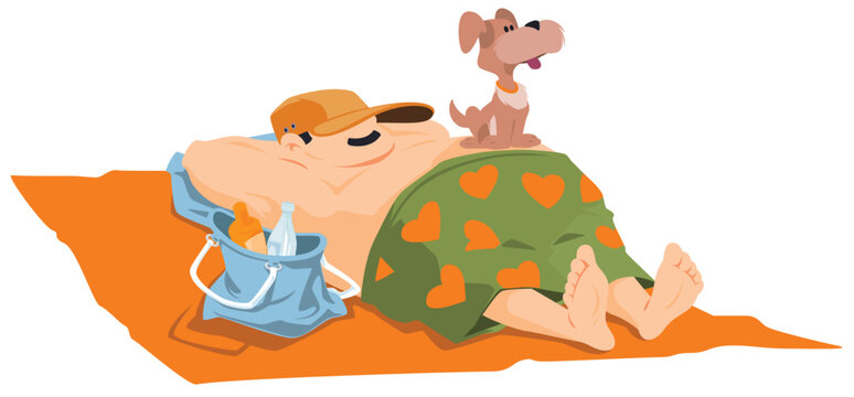 Fat man is sunbathing on beach. Illustration for internet and mobile website.
